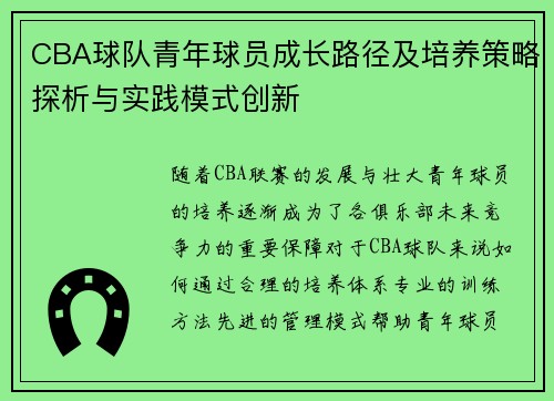 CBA球队青年球员成长路径及培养策略探析与实践模式创新