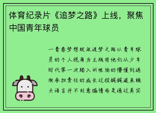 体育纪录片《追梦之路》上线，聚焦中国青年球员